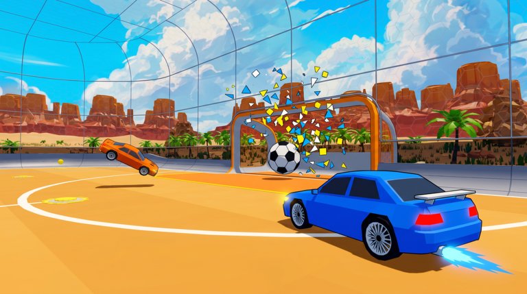 Turbo Soccer match overview showing arena, ball, and competing cars